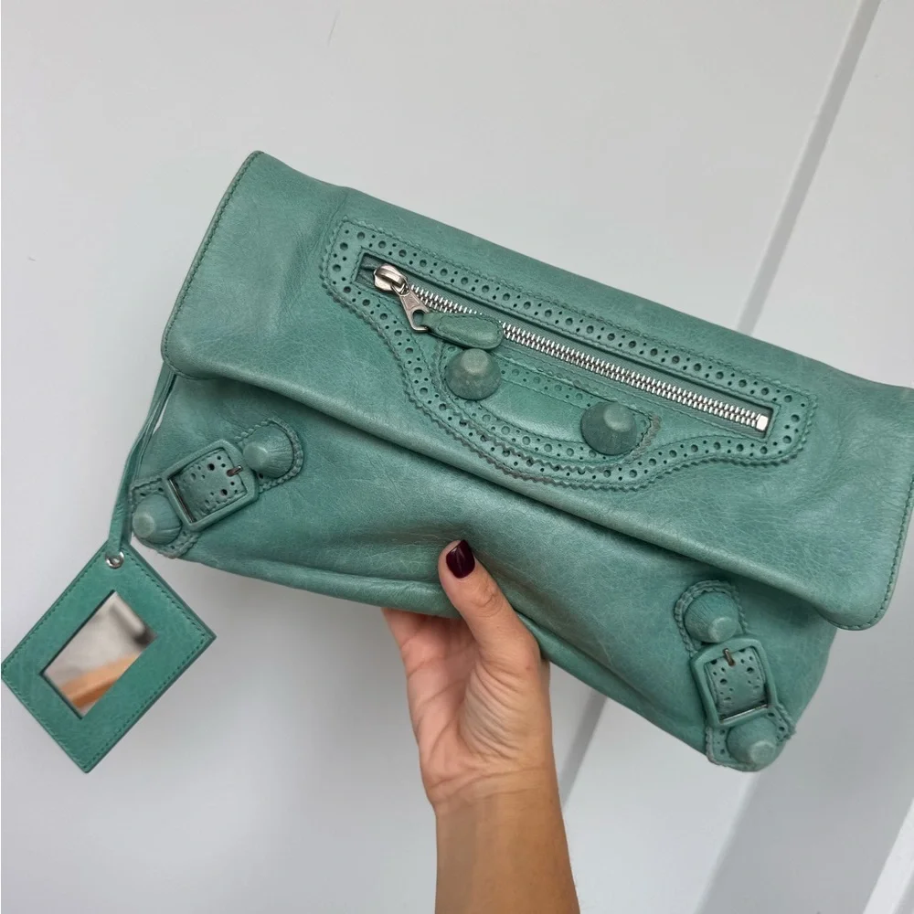 Authentic Balenciaga Giant Stud Envelope Clutch Bag in Aqua Blue Leather - Picture 4 of 14